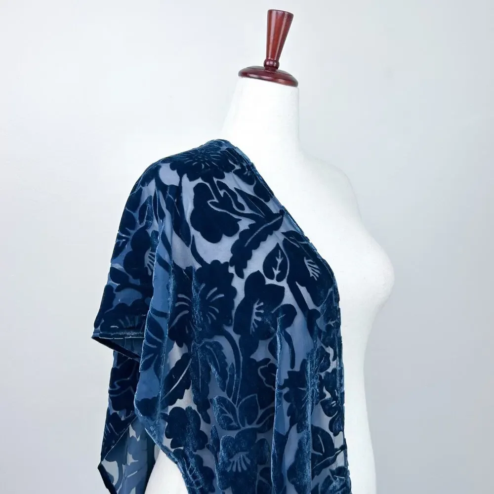 Silk Lore Vintage Blue Floral Velvet Burnout Semi-Sheer Rectangle Shawl Scarf